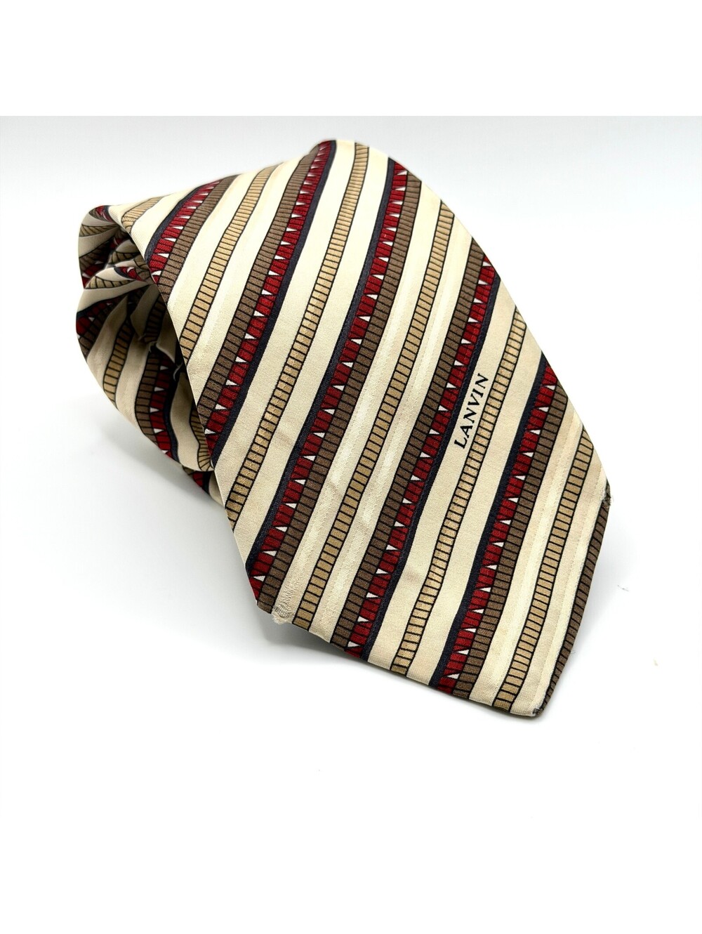 Vintage 80s Lanvin Cream Silk Striped Geometric Tie